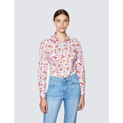 Women's Summer Floral Print Semi Fitted Shirt - White & Red