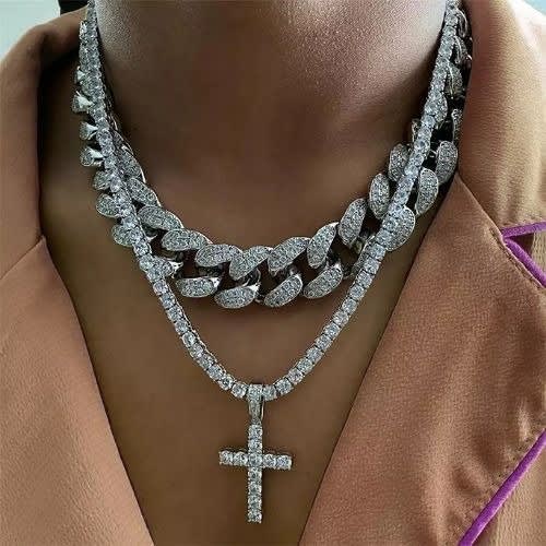 Cuban Chain Necklace With Cross Pendant - Silver
