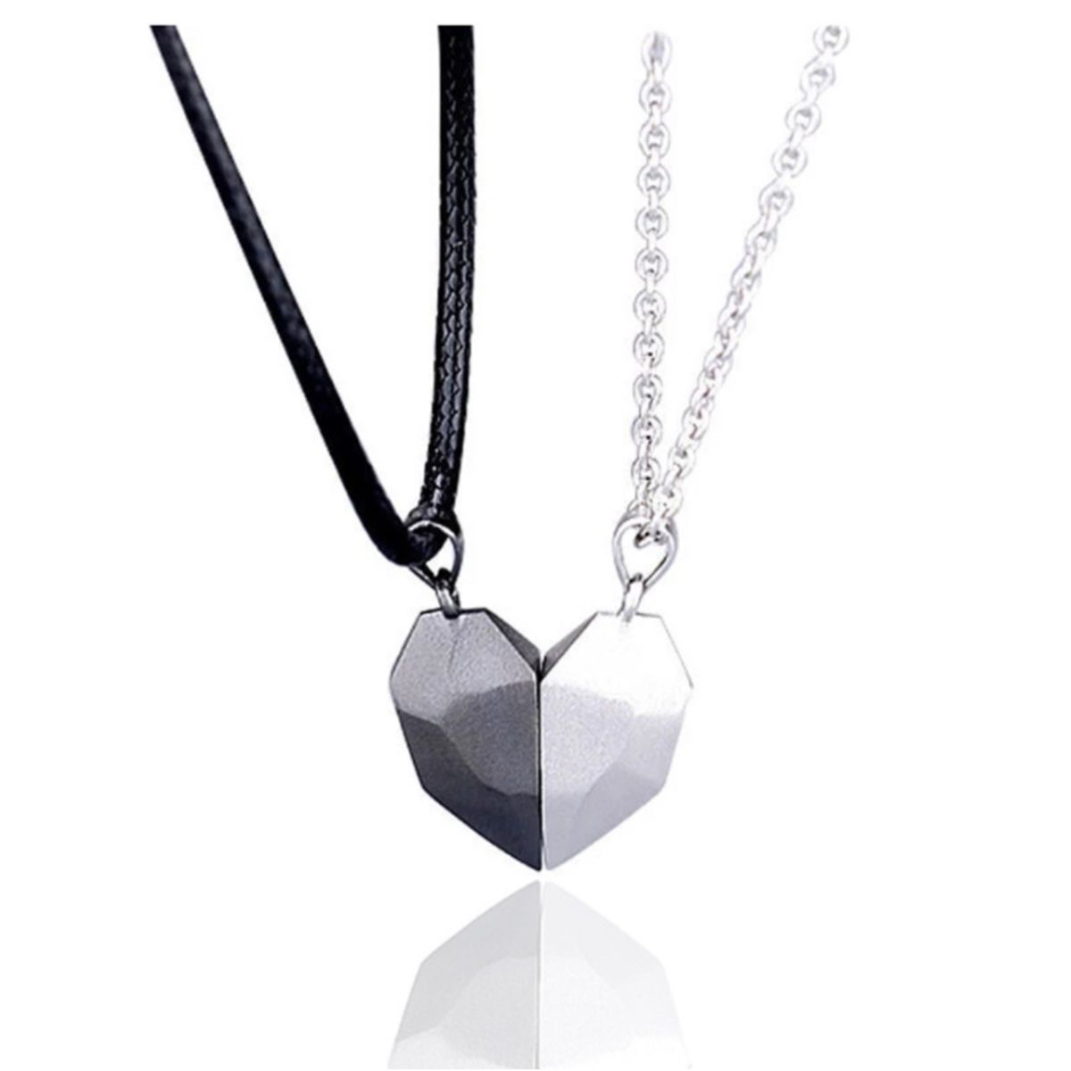 Couple Heart Necklace Pendant, 2 In 1, Silver And Black