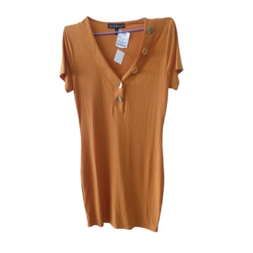 Lady's Midi Dress With Button Front - Mustard