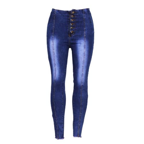 High Waist Button Denim Trouser- Blue