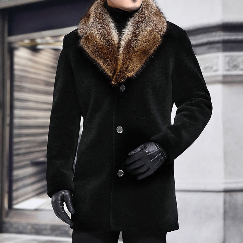 Men Long Woolen Coat Fur Collar Warm Male Solid Slim Casual Windbreaker Jacket