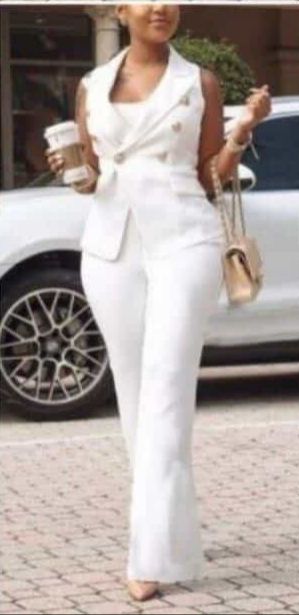Double Breasted Sleeveless Blazer With High Waist Trouser-WHITE