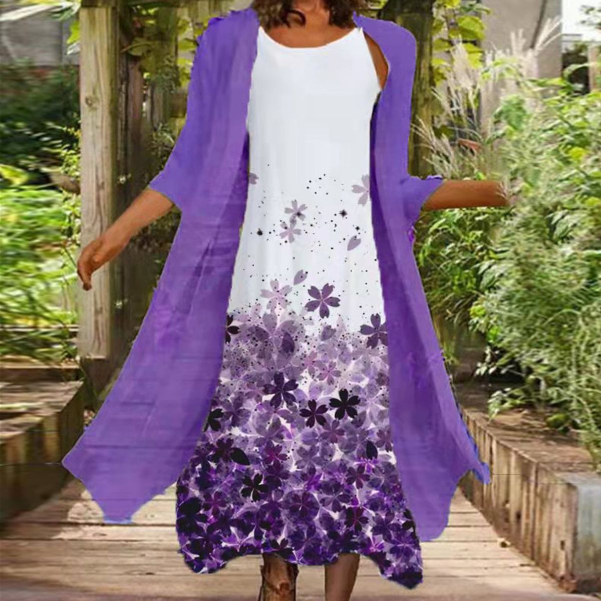 Ladies Dress Set Spring Summer 3/4 SleeveCardigan Dress Floral Print-