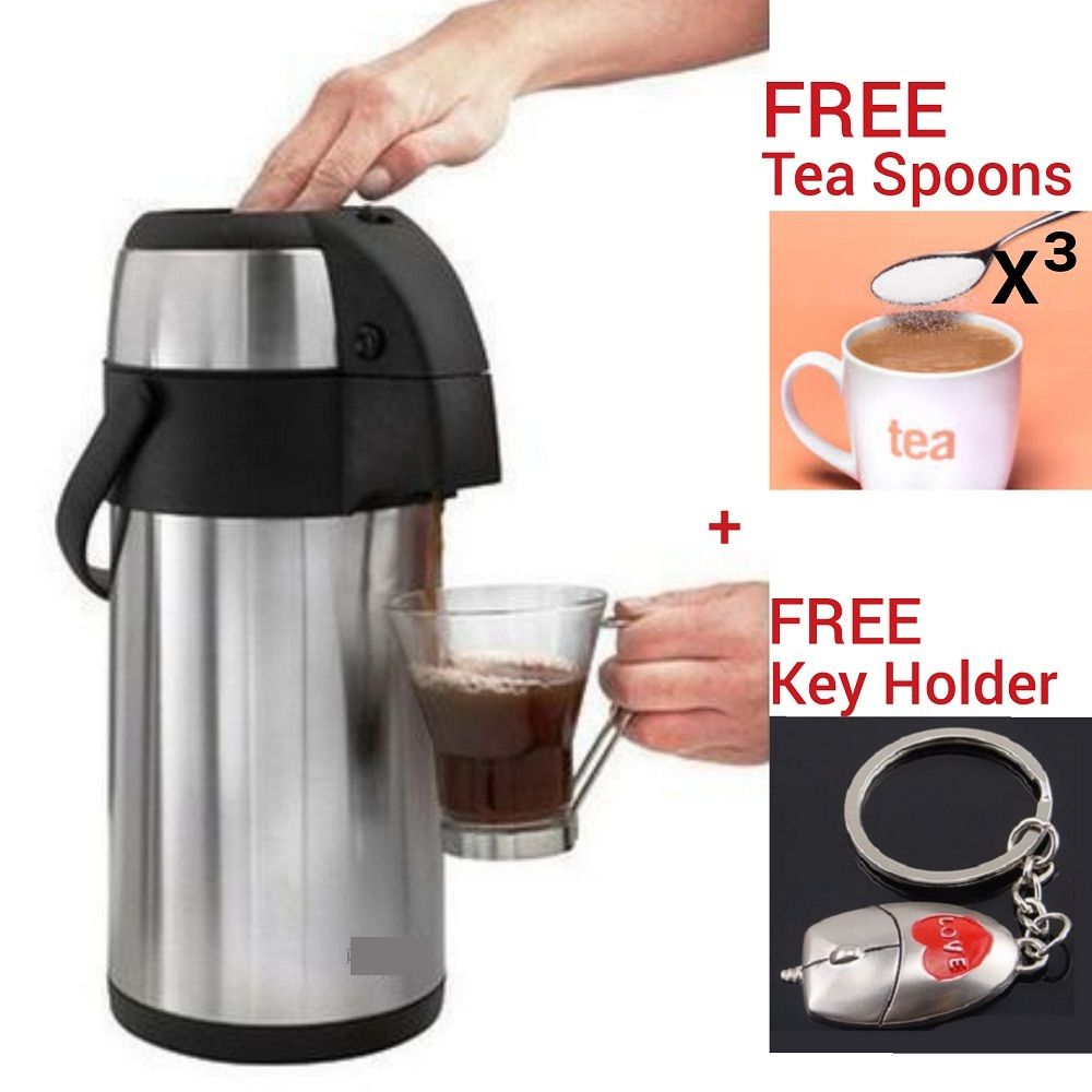 Double Wall Tea Coffee Hot/Cold Airpot Flask Urn + Free Tea Spoons(3) + Key Holder
