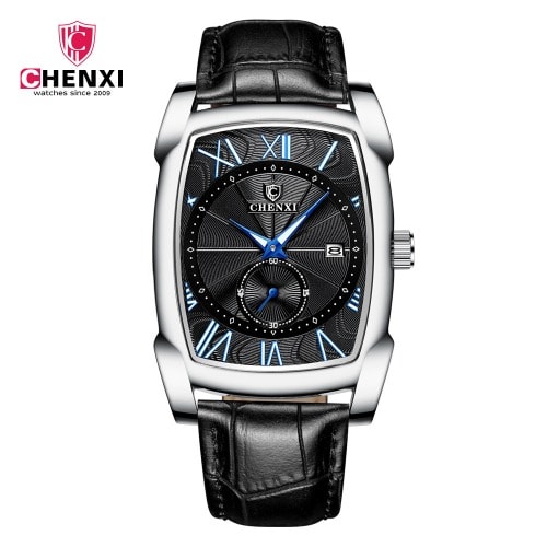 Men's Leather Silver Shell Wristwatch - Black