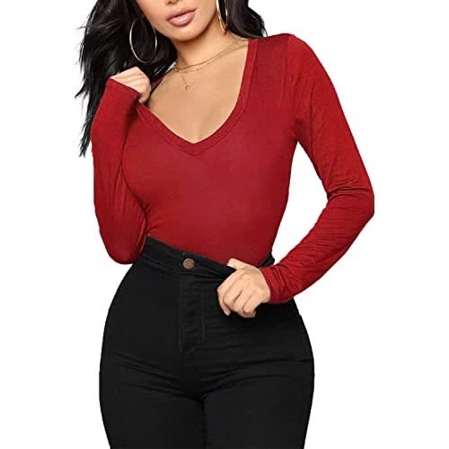 Long Sleeve V Neck Top  - Wine