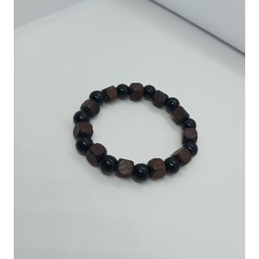 Men's Fashion Wood Cube Ball Bead Bracelet- Black/Brown