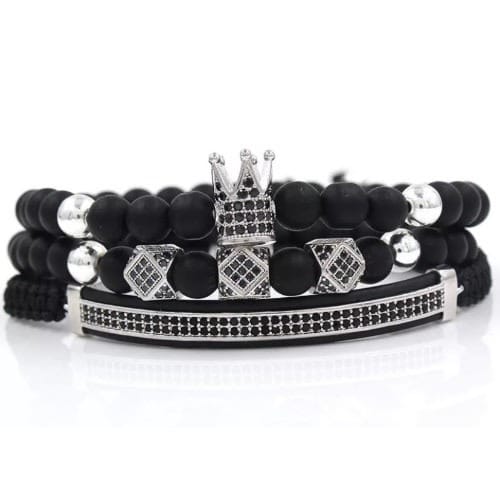 Men Beaded Bracelets - Black With Stone Silver - Set Of 3