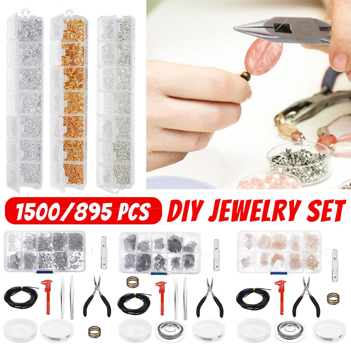 1500/895 Pcs DIY Jewelry Making Tools Repair Kit Jewelry Pliers Beading Wire Silver(1500 PCS)