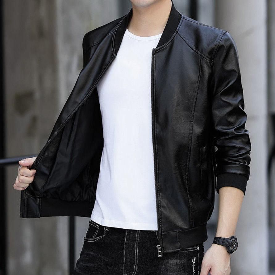 Men's large size windproof leather jacket-black