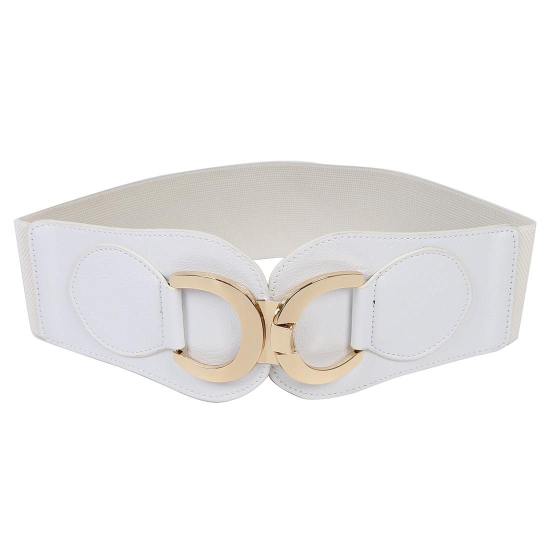 Gold Tone Dual D Ring Buckle Off White Wide Elastic Belt