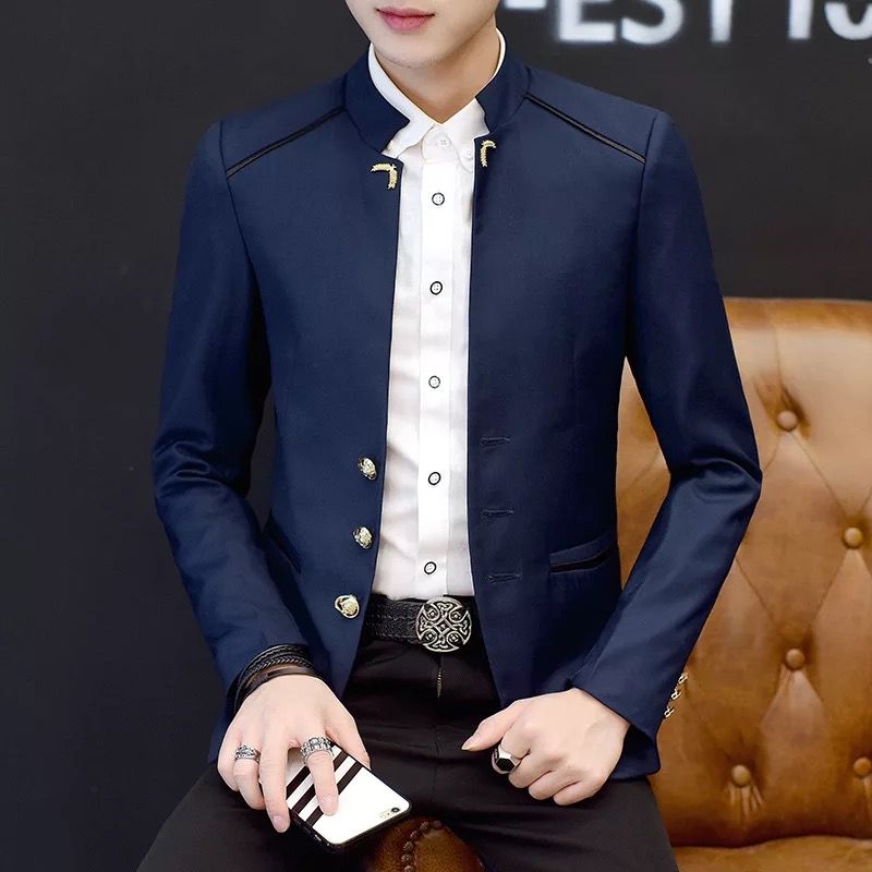 Stand Collar Slim Suit Men's Wedding Dress - Navy Blue