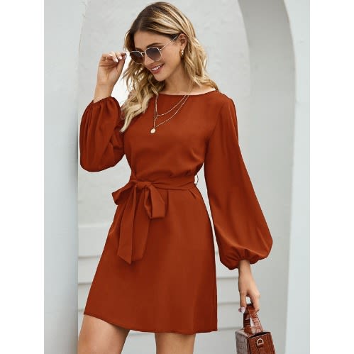 Boat Neck & Bishop Sleeve Belted Dress-Orange