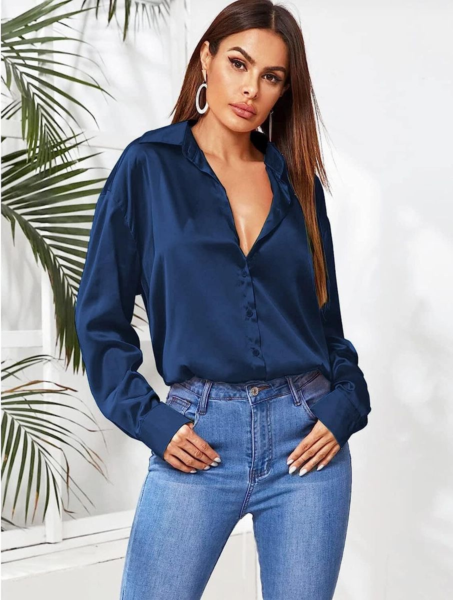 Navy Blue Button Down Satin Silk Shirt Long Sleeve Ladies Women Top Blouse