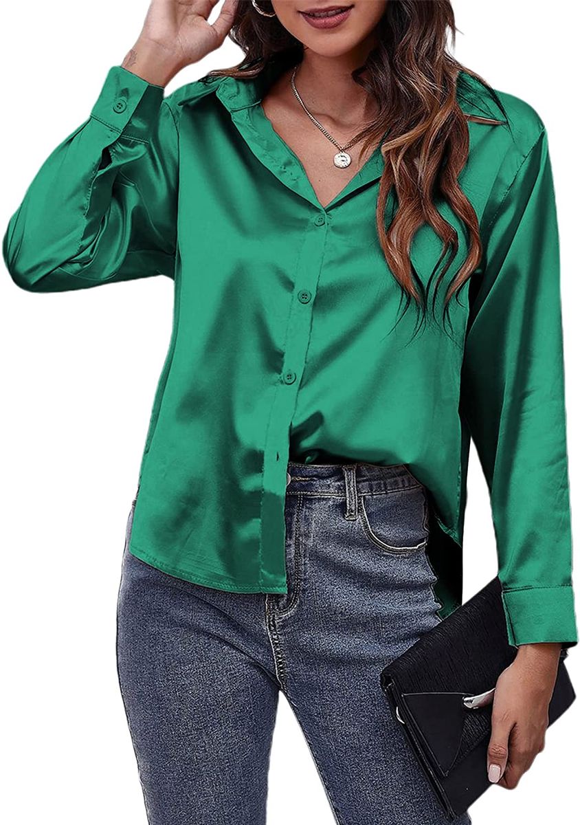 Green Womens Soft Satin Silk Button Down Long Sleeve Work Shirt Top Dress