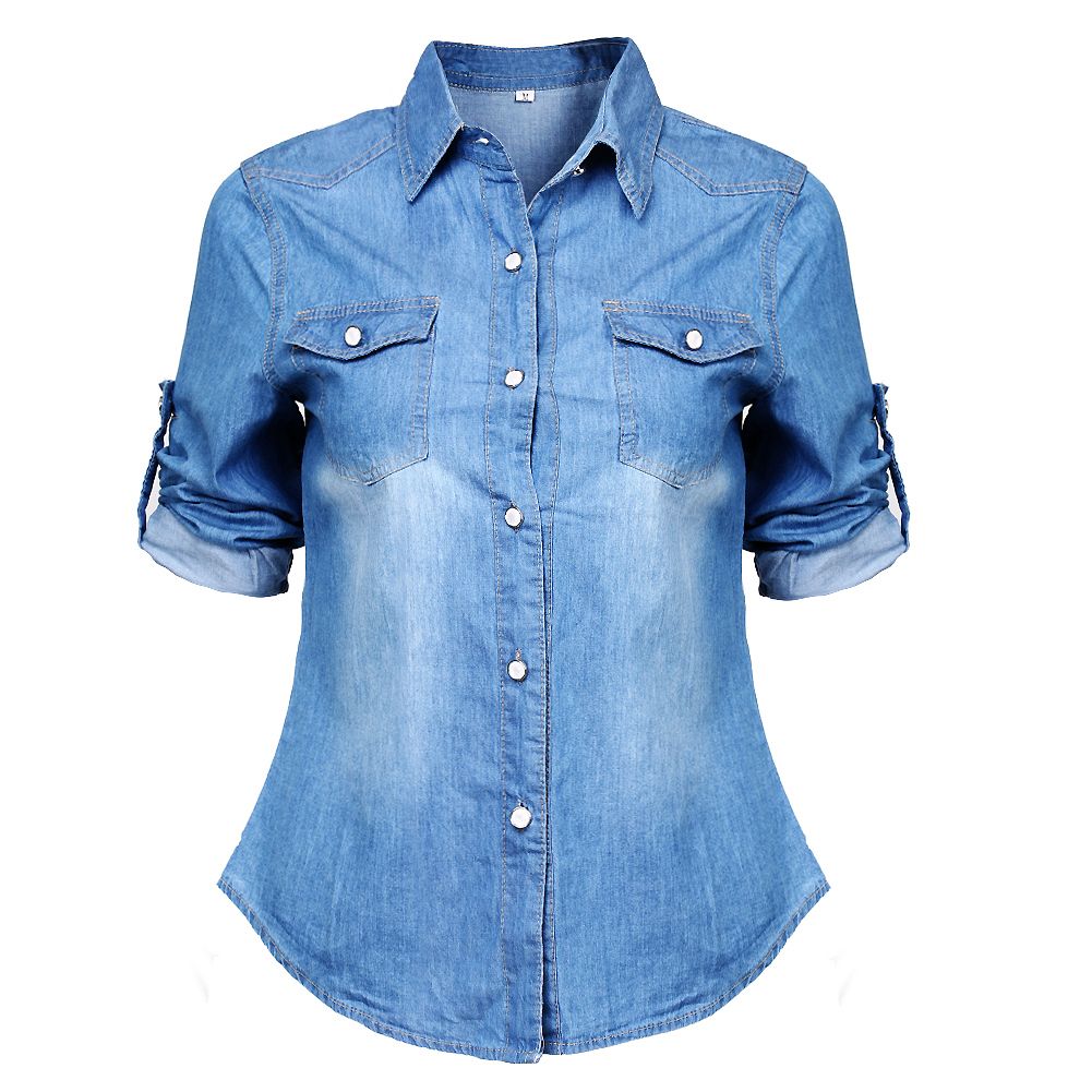 Ladies Top Spring Summer Solid Color Turn-down Collar On Denim Long Sleeve