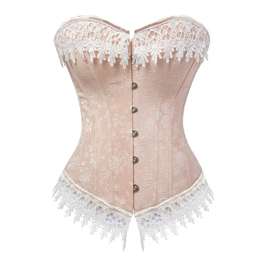 Women Y Floral Lace Up Overbust Corset  Top Satin Vintage Corsets-905pink