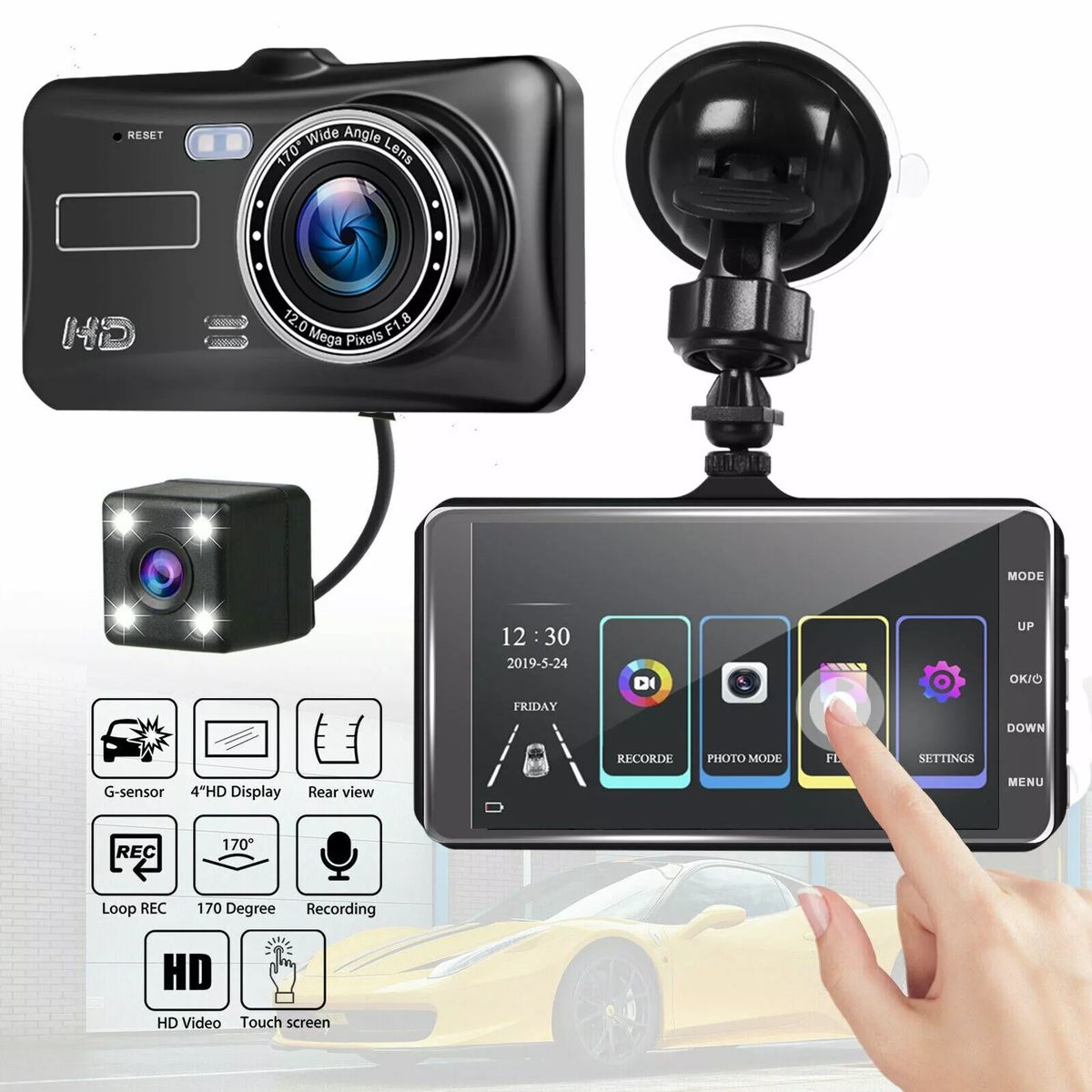 4'' Car DVR Camera Dual Lens HD 1080P Dash Cam Auto Digital Video Recorder Dashcam Camera IPS Touch Screen G-Sensor WDR Car DVRs