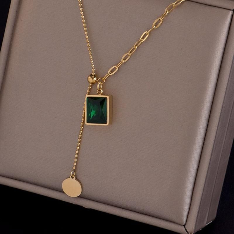 DIEYURO 316L Stainless Steel Bead Drawstring Design Green Geometric Pendant Asymmetric Unique Design Chain Gold Woman Necklace