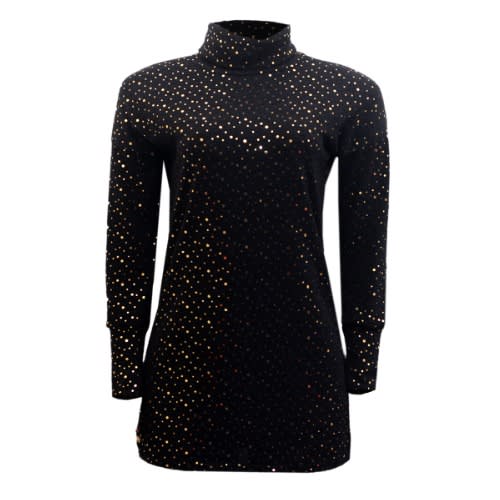 Roll Neck Balloon Sleeve Foil Spot Sweatshirt Dress - Black