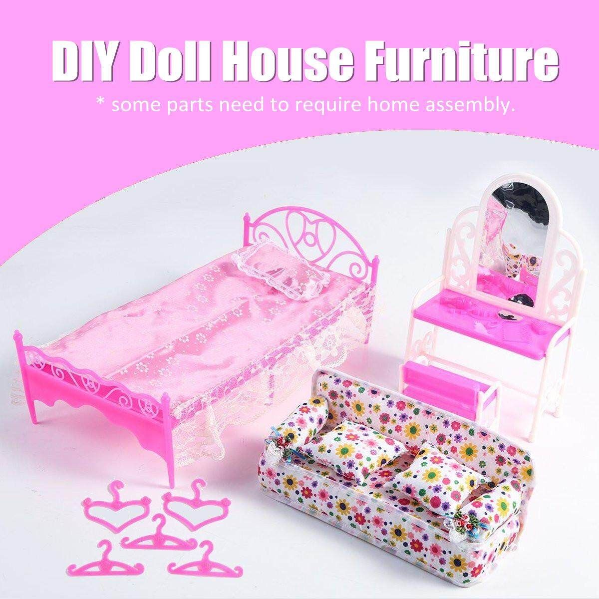 Barbie Doll House Furniture Living Room Pink Sofa Bed Dressing Table Hanger Set