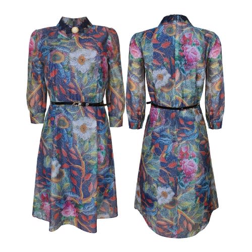 Collared Floral Belted Neck Button Dress