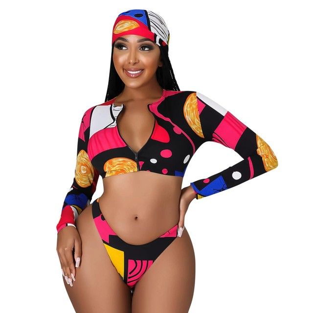 Women Bikini Set2022 Print Long Sleeve Zipper Crop Short Pant Bikini Bikini Set
