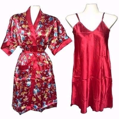 Satin Bathrobe With Spaghetti Strap Nightwear- Red