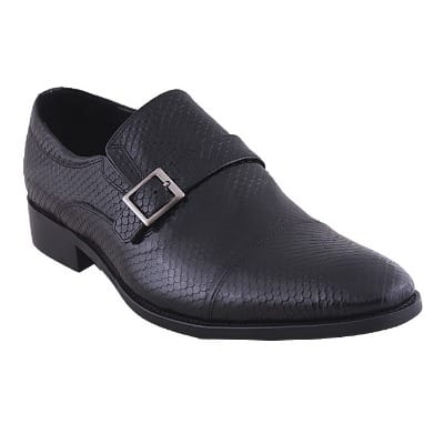 Snake Skin Detailed Leather Shoe With Fancy Buckle - Black - MSH-4376