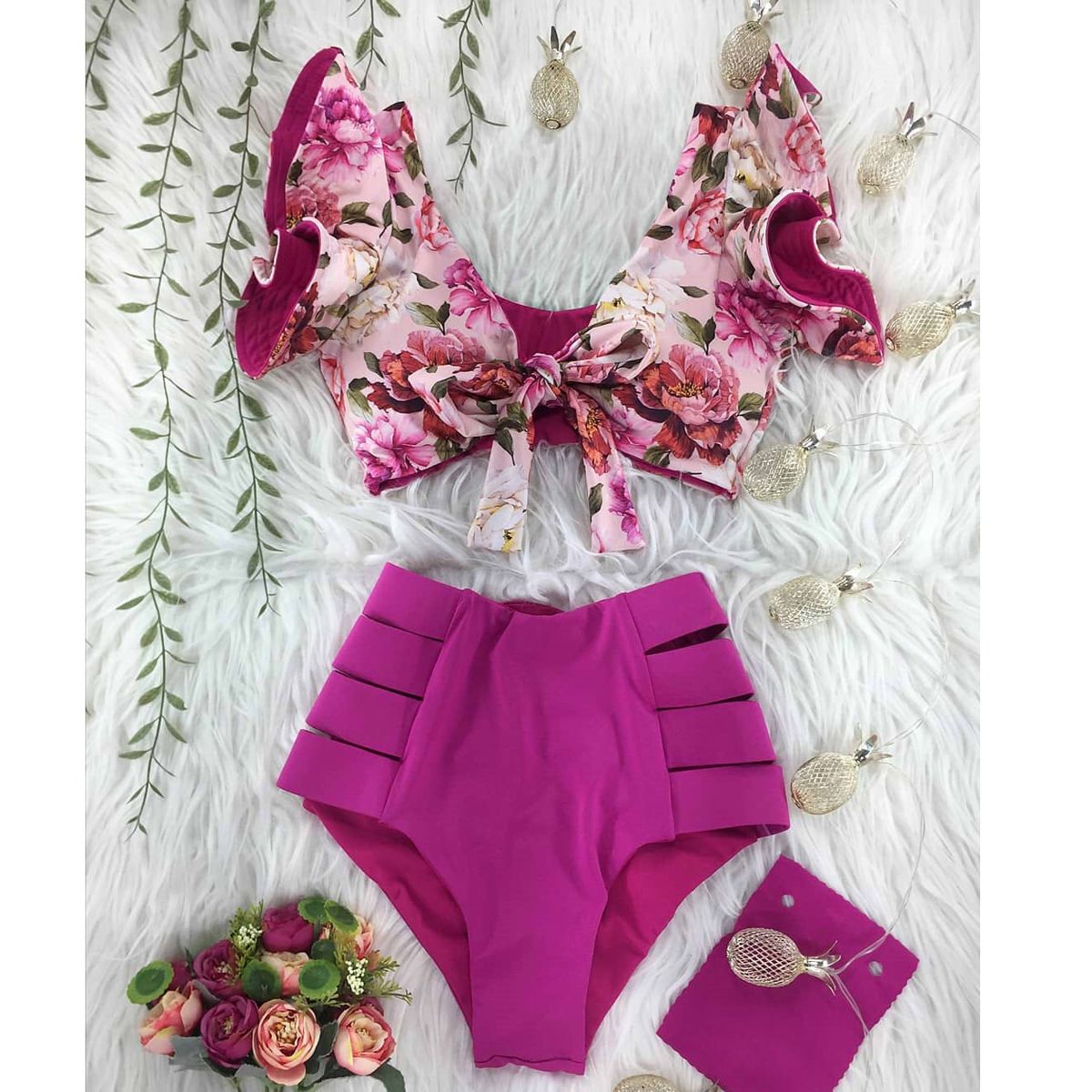 New Bikini Floral Ruffled Bikini Set Women V-neck High Waist Two Piece Swimsuit Girl Beach Bathing Suit Swimwear Biquinis NA19847P2 KIP