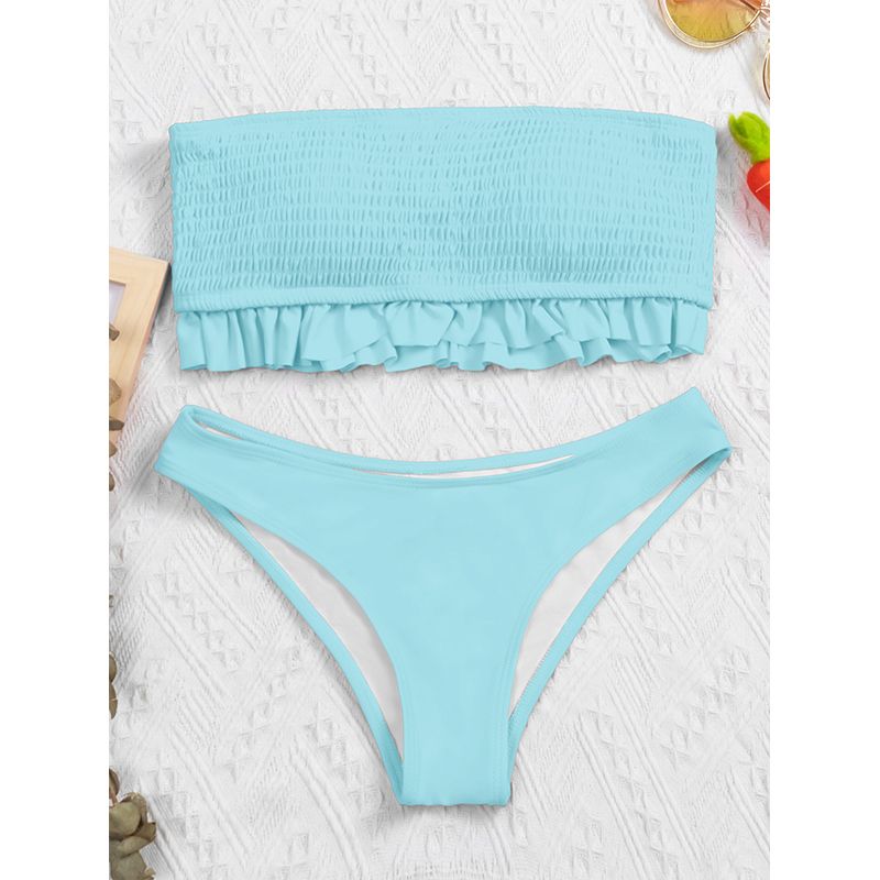 Solid Bikini Bandeau Swimsuit Women Smocked 2 Pieces Set Sports Off-shoulder Bathing Suit Swimwear Female Summer X21SW5185-7 KIP