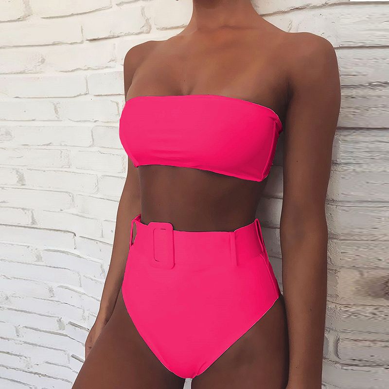 High Waist Bikini Swimwear Women Swimsuit High Leg Bandeau Bikinis Set Swimming For Bathing Suit Woman Swimsuits Pink KIP