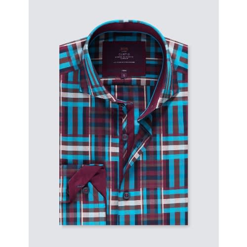 Men's Brown & Blue Check Relaxed Slim Fit Shirt - High Collar - Single Cuff