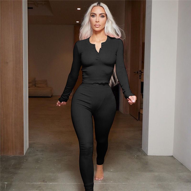 Ribbed Solid Two Piece Set Women Long Sleeve Skinny Tops High Waist Pencil Pants