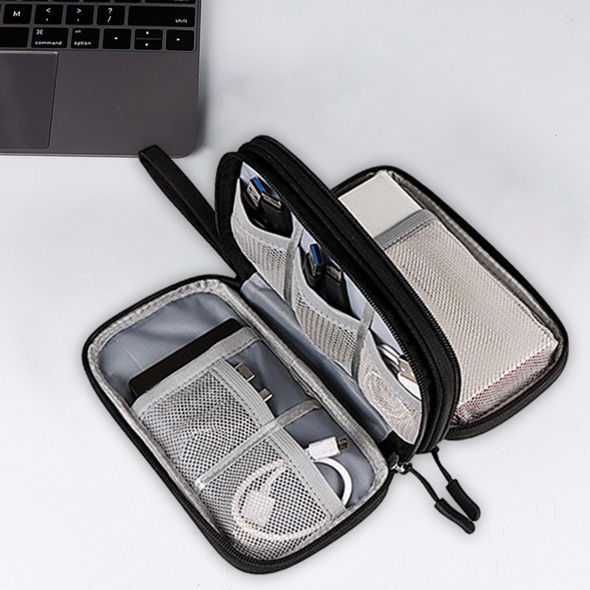 Travel Cable Organizer Bag Double Layer Carry Bag Storage Cases Black
