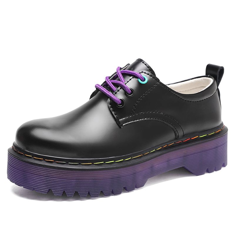 Small Leather Shoes Female British Girl Black Retro Platform Shoes Low Heels