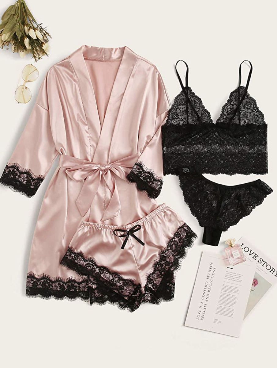 4pcs Set Women Silk Rope Pyjamas Nightwear And Sexy Lingerie