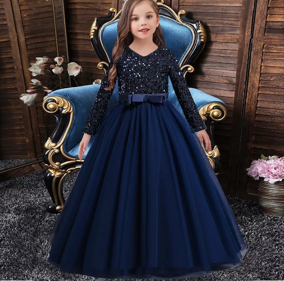 GIRL LUXURY SHIMMER L/S LONG GOWN - NAVY BLUE- G90