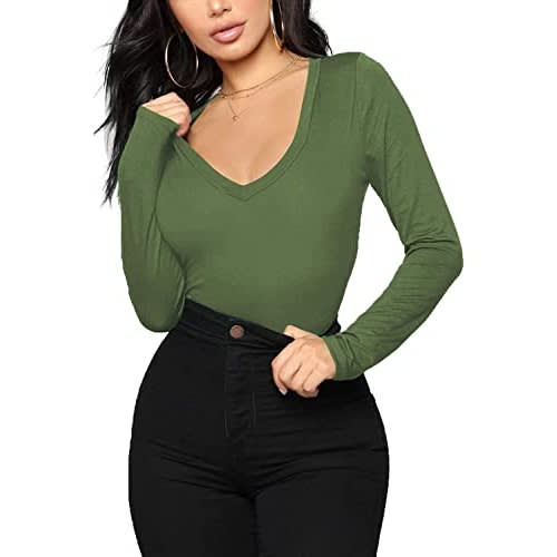 Long Sleeve V Neck Top - Green