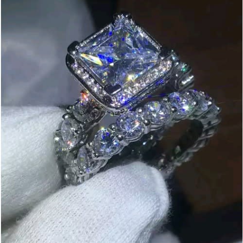 2-Piece Non-fade Sterling Silver Stoned Wedding Ring Set