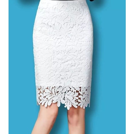 High Waist Hollow Out Lace Pencil Skirt - White