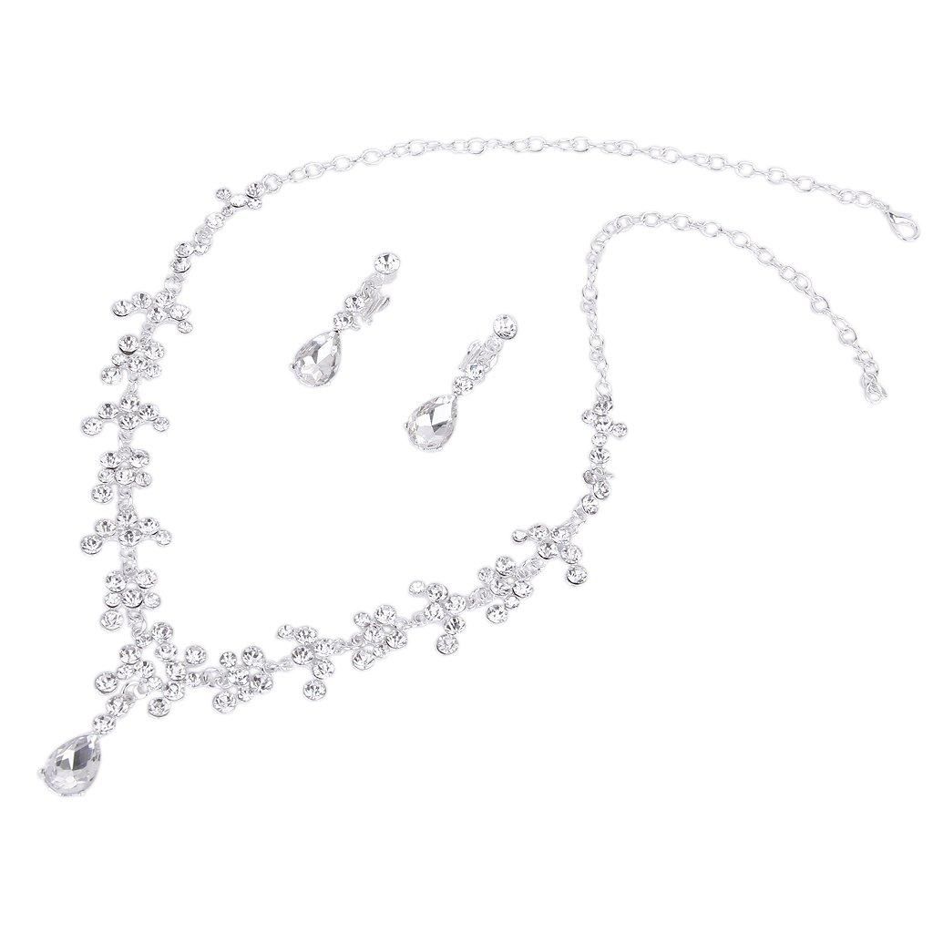 Wedding Bridal Rhine Neck Dangle Earrings Set Clip