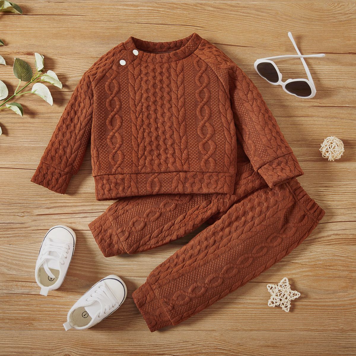 Baby Boys Autumn Winter Twist Kniting Long Sleeves Sweatsuit -Brown