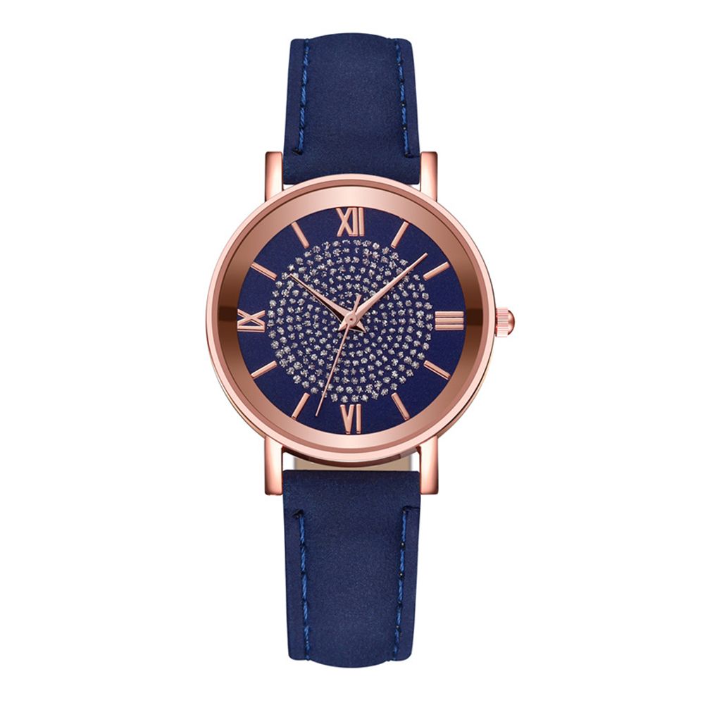 Women Fashion Rhinestones Inlaid Round Dial Analog-Blue