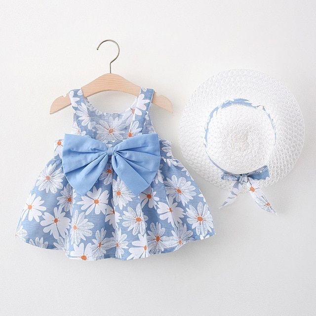 2pcs Girls Dress Bow Baby Beach Dresses Newborn Clothe Hat