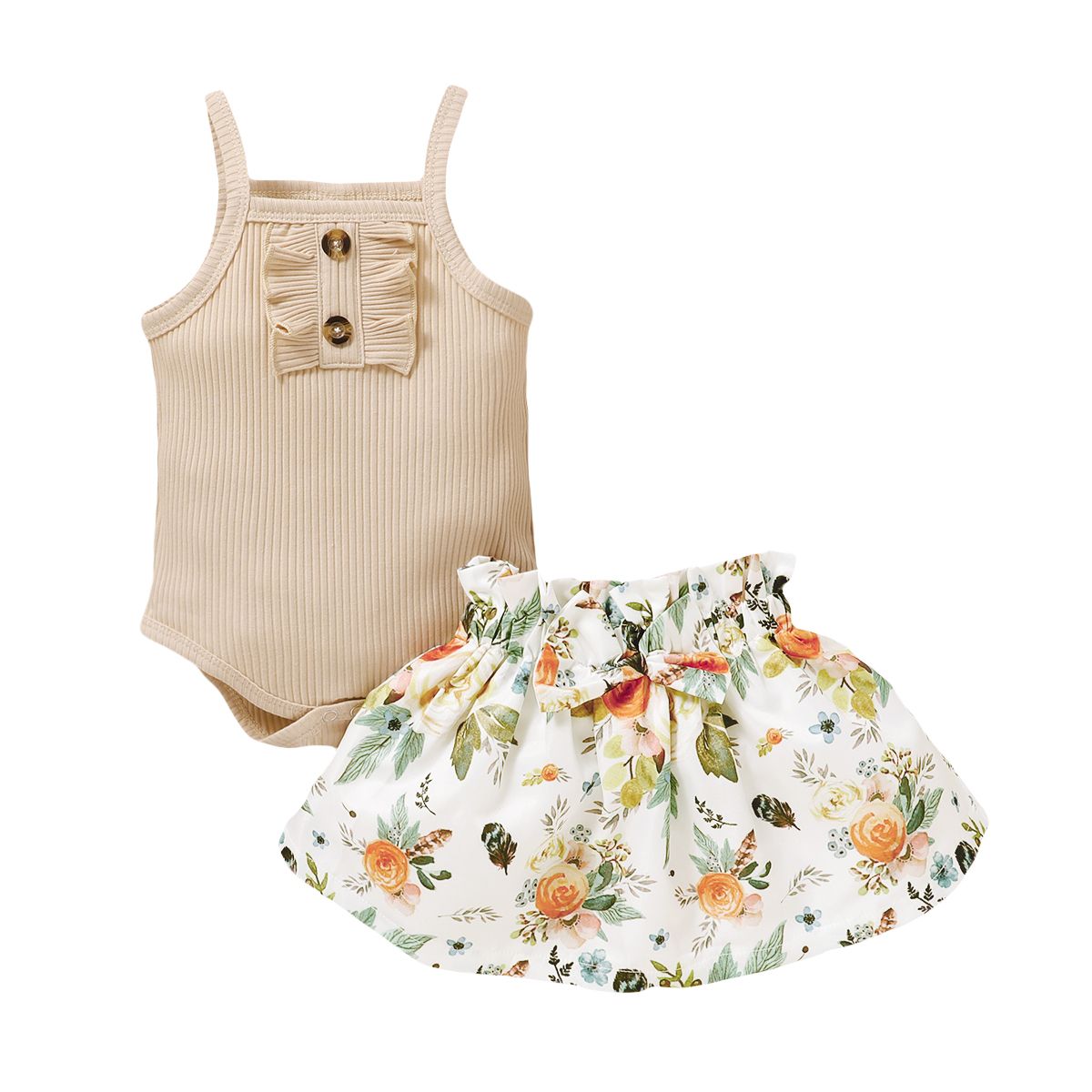 Baby Girls Summer Outfit Set Ribbed Vest With Shorts -Beige