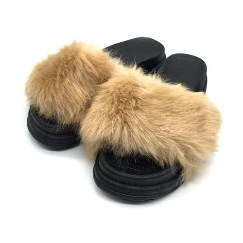 Ladies Fur Jelly Slides - Beige
