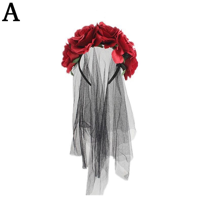 Model A-Black One-Layer Short Veil With Hair Hoop Women Halloween Party Rose