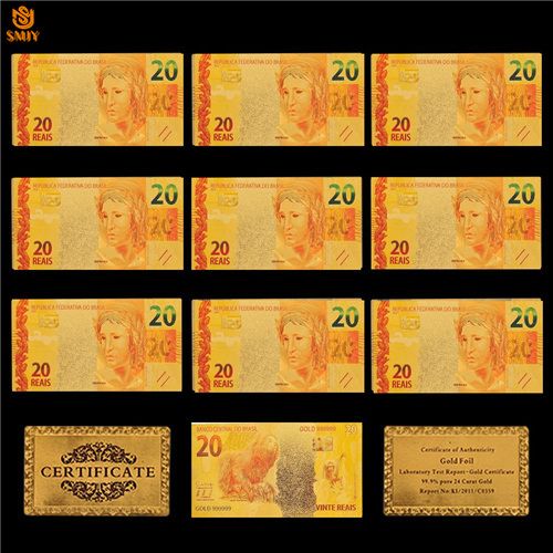 10Pcs Lot Gold Plated Banknote Brazil 100 Reais Bank Bill